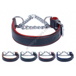 Adjustable PADDED Half check / Martingale Leather Dog Collar - Black with Red Lining. (Stainless Steel Chain)